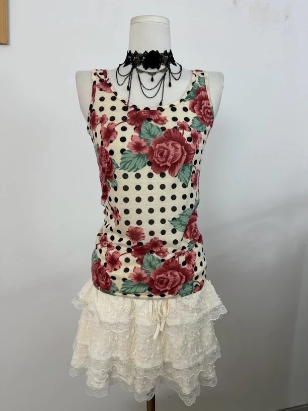 日制古着vintage 奈奈蕾丝复古古早风吊带背心上衣