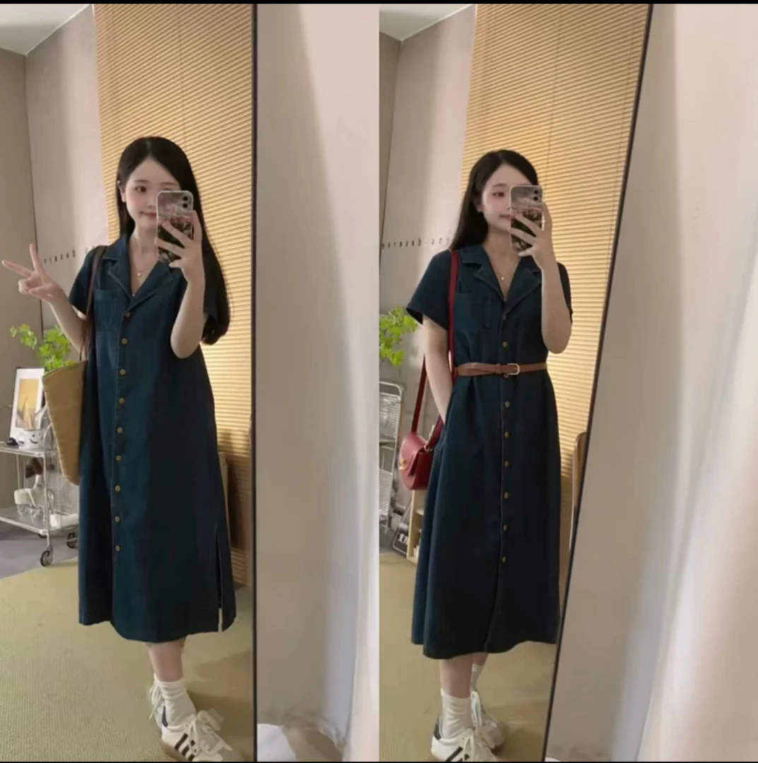 小个子定制夏季薄款复古牛仔连衣裙配腰带090