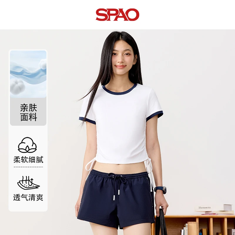 SPAO韩国同款修身抽绳短袖t恤女2025新款正肩辣妹短款撞色上衣YYC