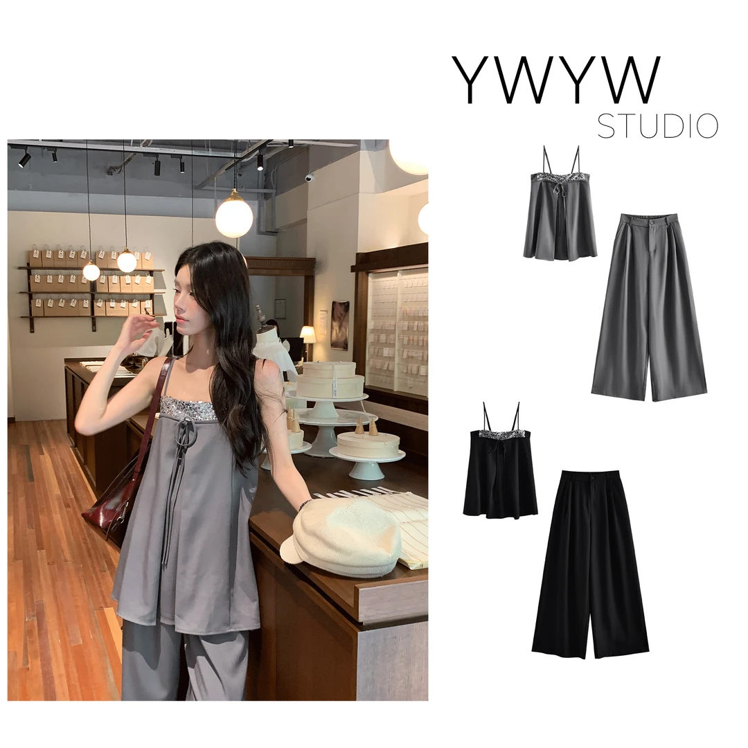 【YWYW25S/S】亮片拼接吊带宽松上衣+直筒弹力休闲拖地裤套装5237