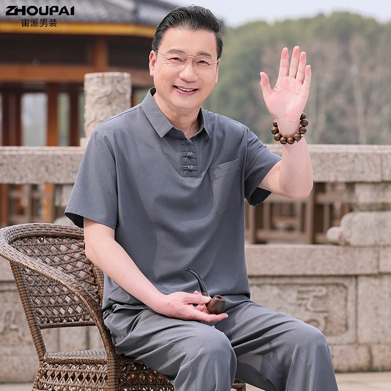 夏季新款爸爸夏装套装中老年爷爷休闲宽松套头薄款短袖衬衫两件套