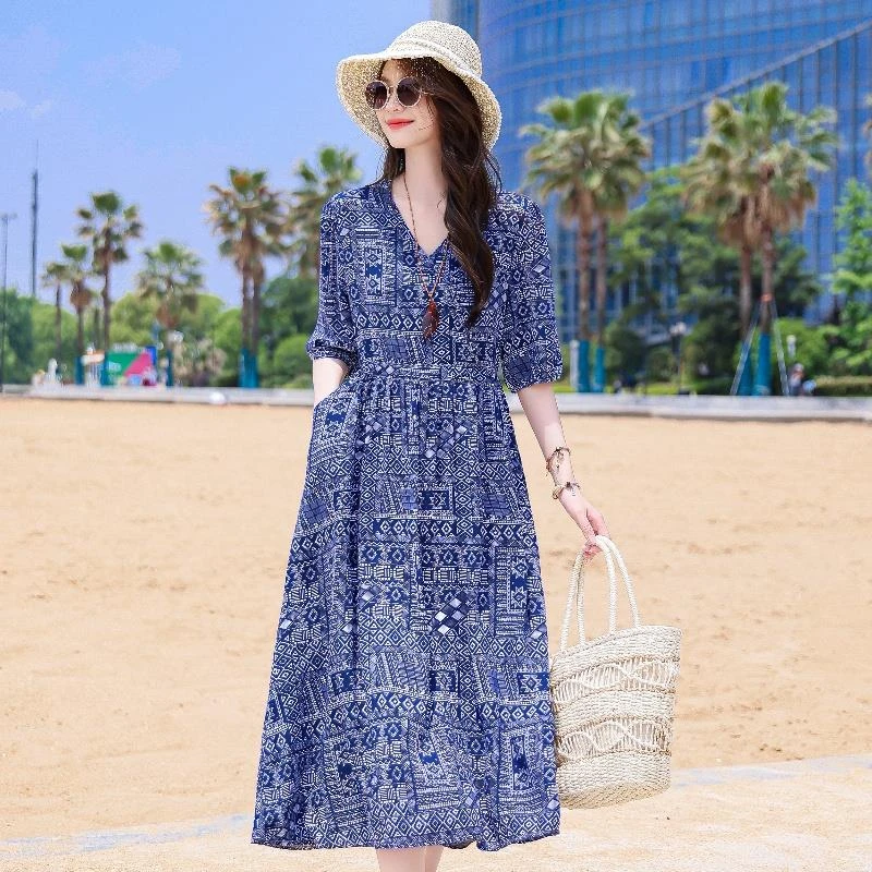 棉绸连衣裙2025夏季新款女装妈妈气质显瘦高级感精致高端沙滩裙子