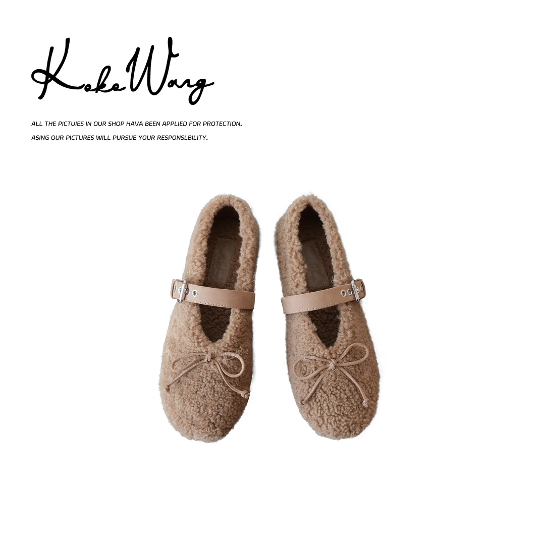 KOKOWANG【毛毛绒】一字扣蝴蝶结平底羊毛时尚玛丽珍鞋X0335G23X37