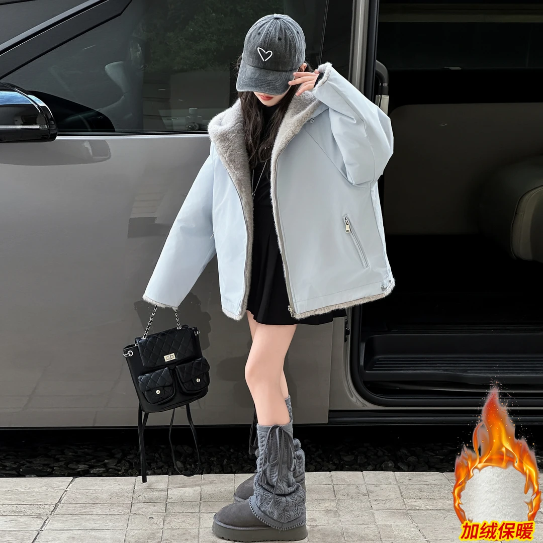 女童加绒两面穿外套冬装2025新款儿童仿貂毛派克服冬季加厚棉服潮