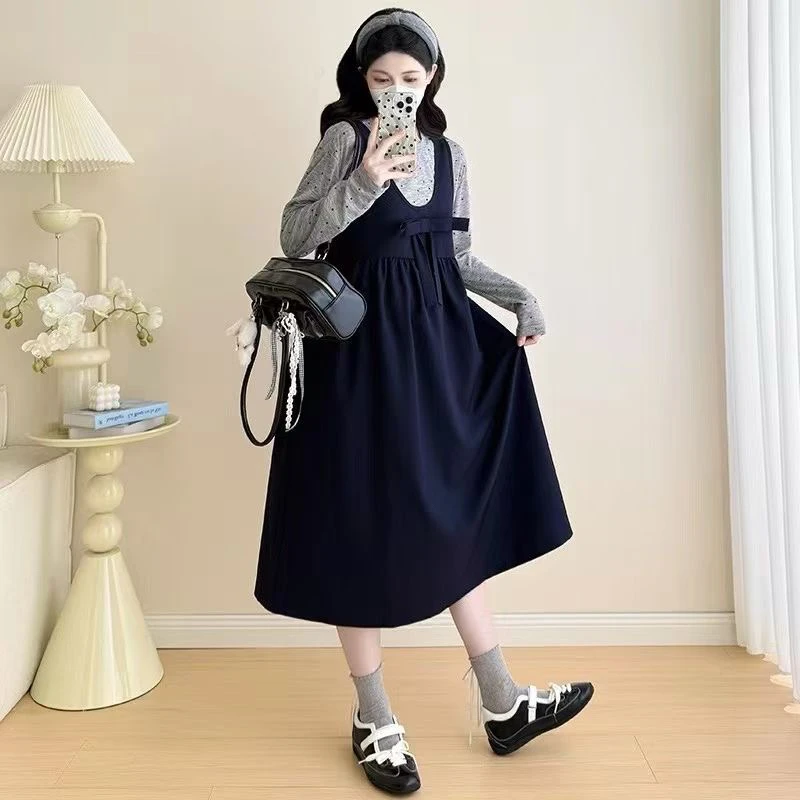 韩版学院风波点长袖小衫搭配宽松背带裙两件套秋季新款一整套穿搭