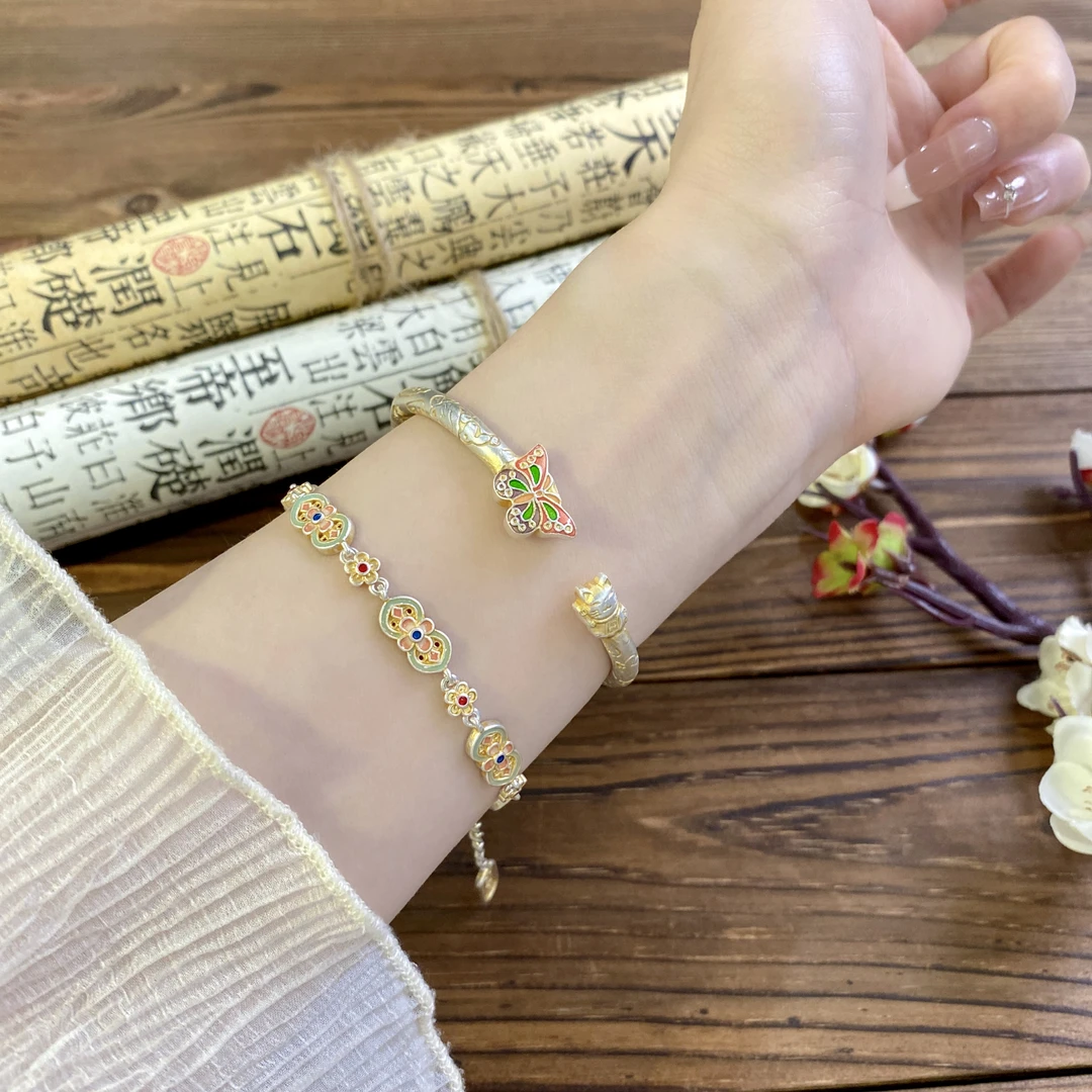 足银手镯 【蝴蝶招财猫】描金珐琅开口手镯 足银999.9
