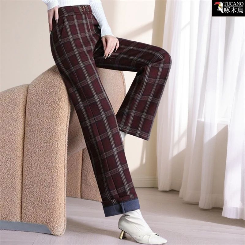 啄木鸟正品2025时尚拼色设计毛呢阔腿裤冬季加绒保暖高级感裤子女