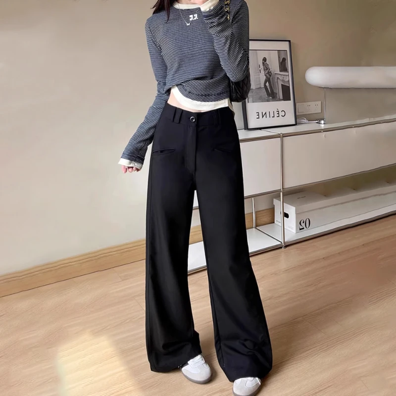 大码黑色百搭西装裤女秋季高腰直筒休闲裤梨形身材遮胯显瘦阔腿裤
