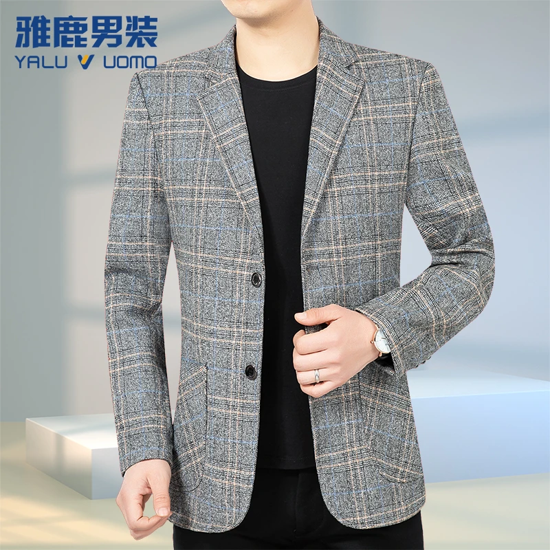 雅鹿男装春夏休闲西装夏季外套中年男士薄款西服上衣韩版格子