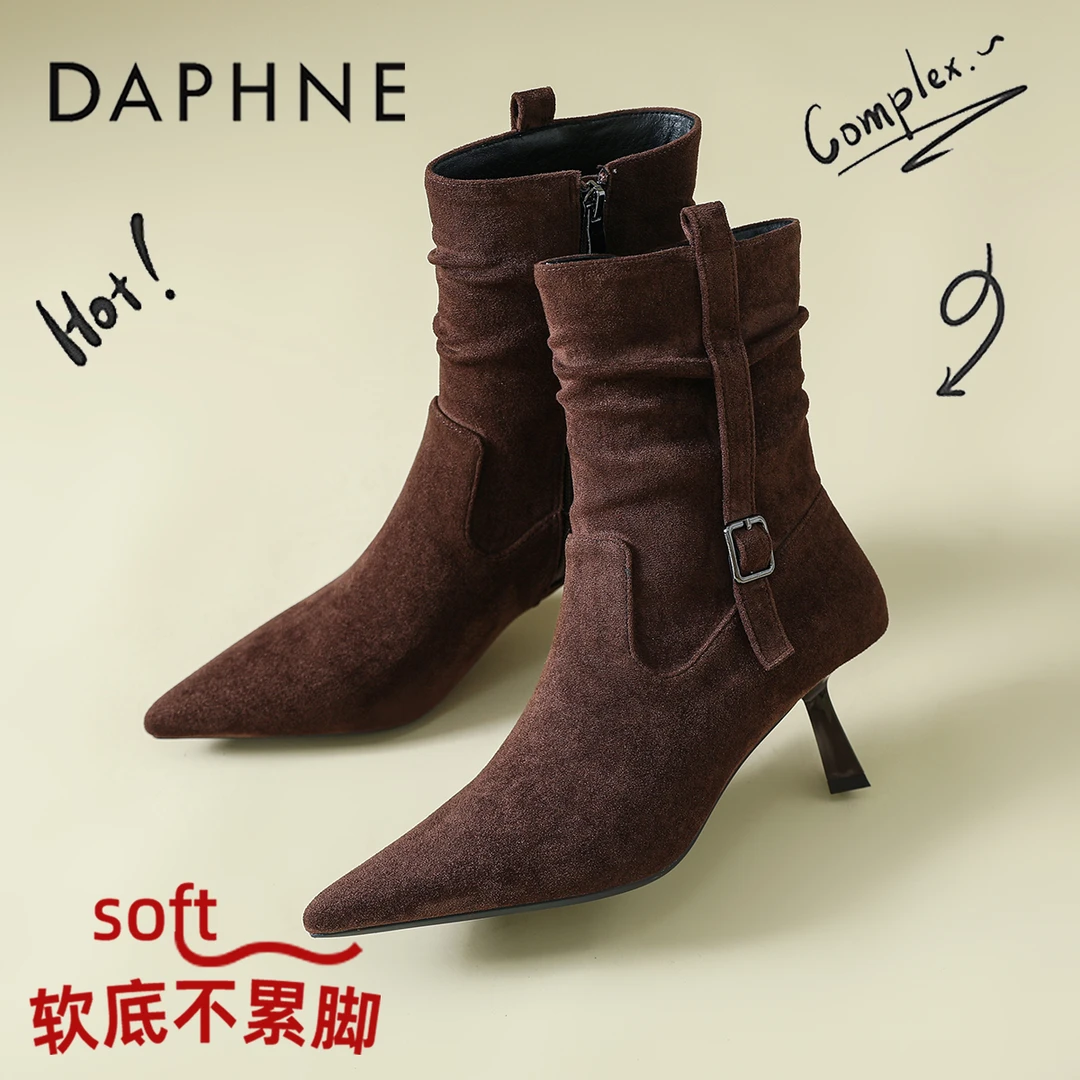 达芙妮法式尖头绒面细跟堆堆靴女2025爆款褶皱复古风百搭短筒踝靴
