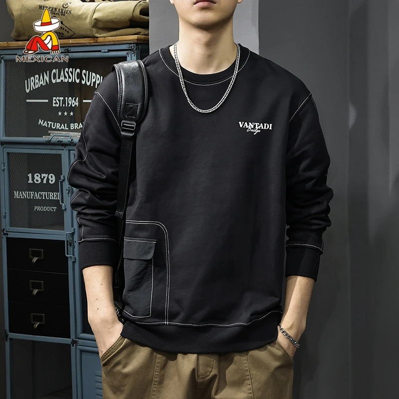 Mexican/稻草人春秋设计感拼接口袋男士卫衣美式潮牌印花内搭长袖