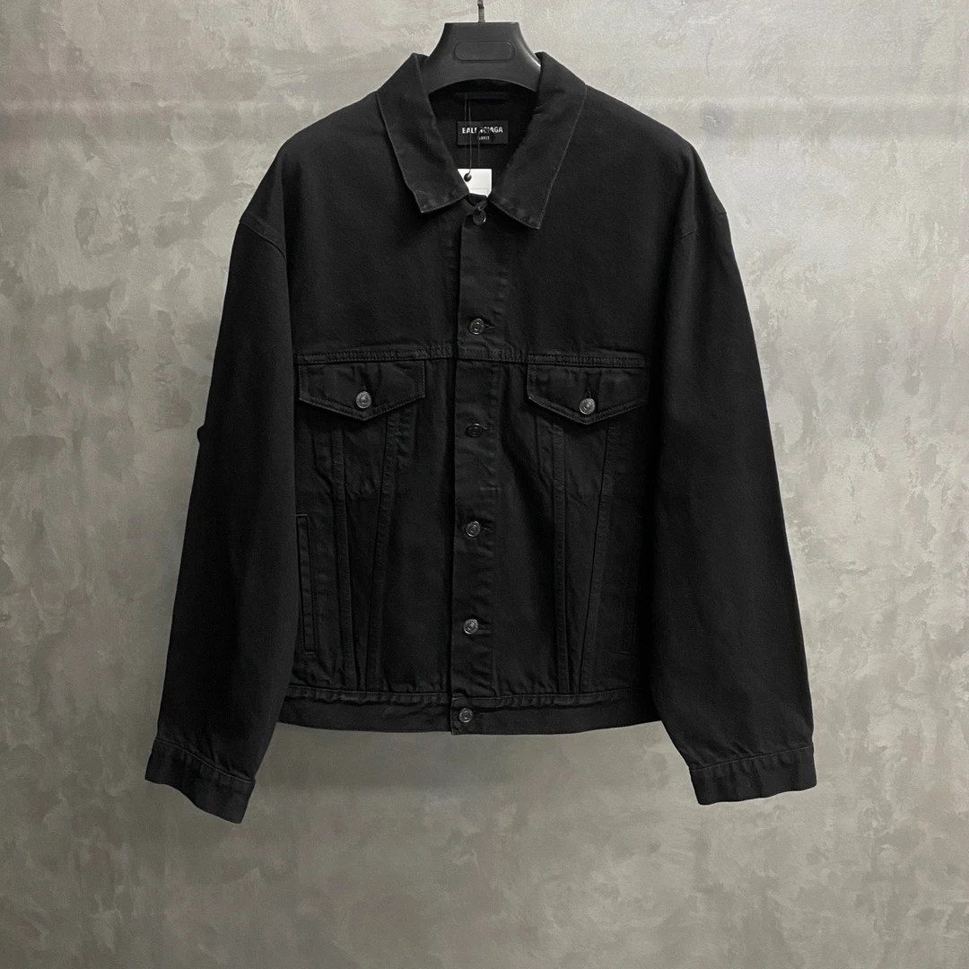 未使用 Balenciaga/巴黎世家 黑绿闪粉印花图案logo牛仔夹克