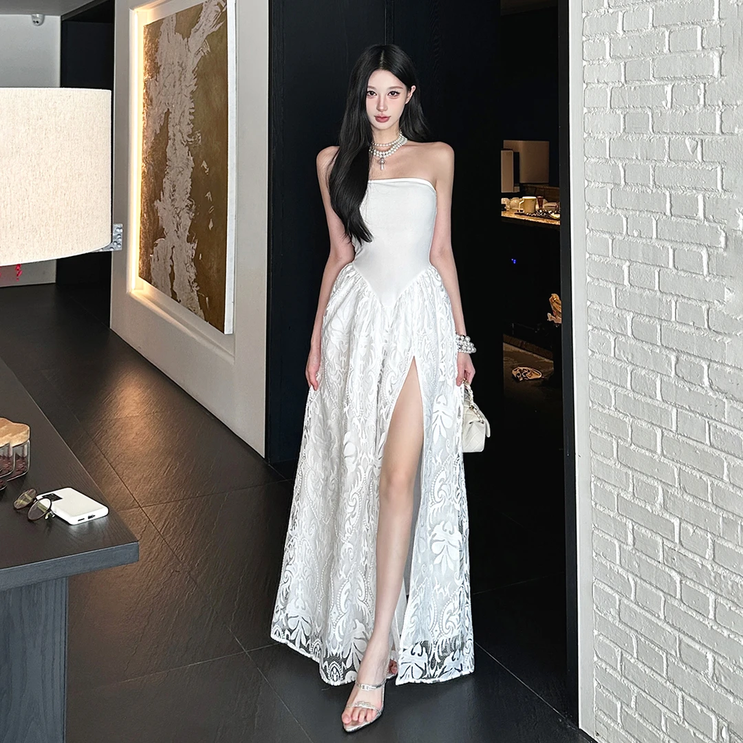 GDNH# 财阀千金浪漫蕾丝花纹掐腰显瘦开叉晚宴连衣裙女K25D76065
