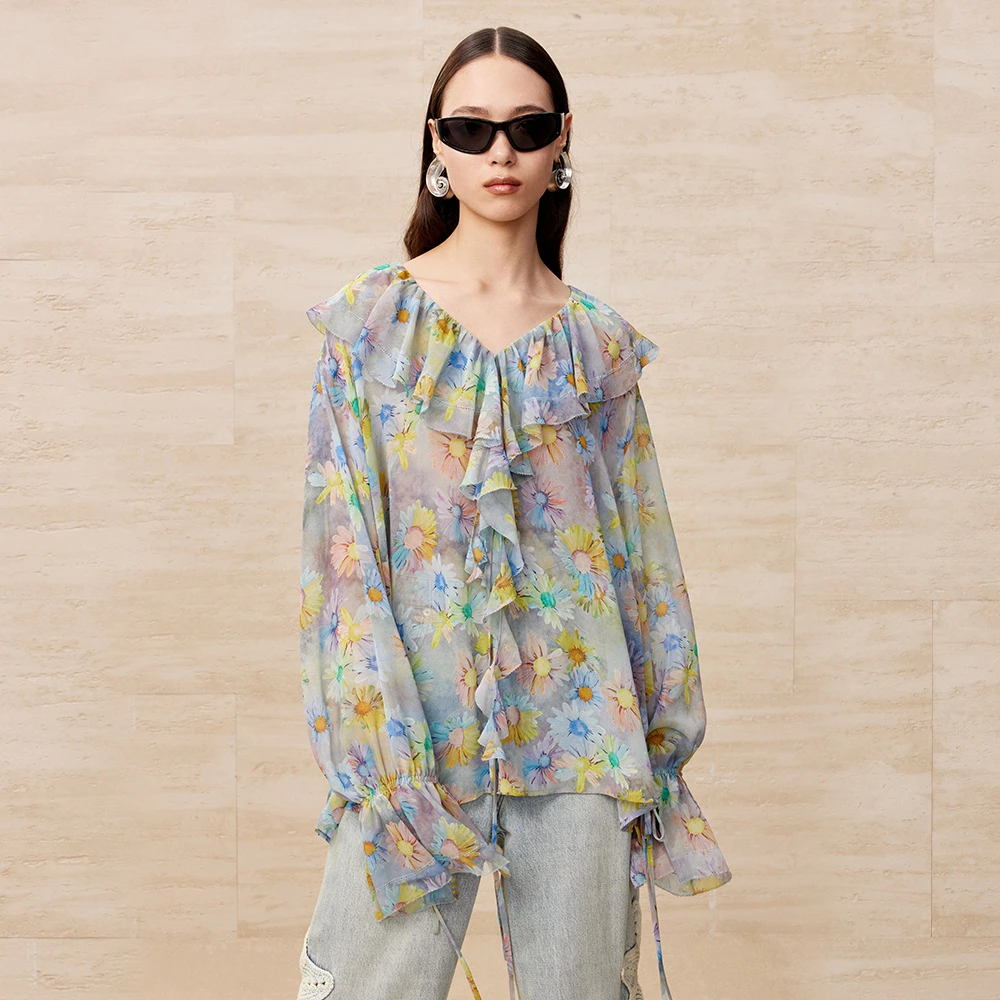 UOOYAA/乌丫「度假」系列小雏菊印花荷叶边衬衫UY24262C127216