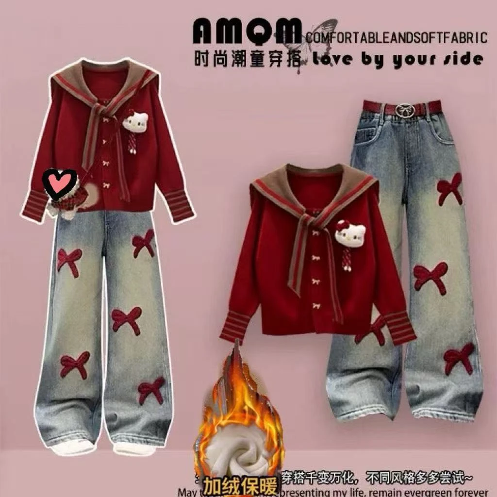 女童秋冬套装新款洋气中大童针织毛衣加绒加厚牛仔裤保暖两件套