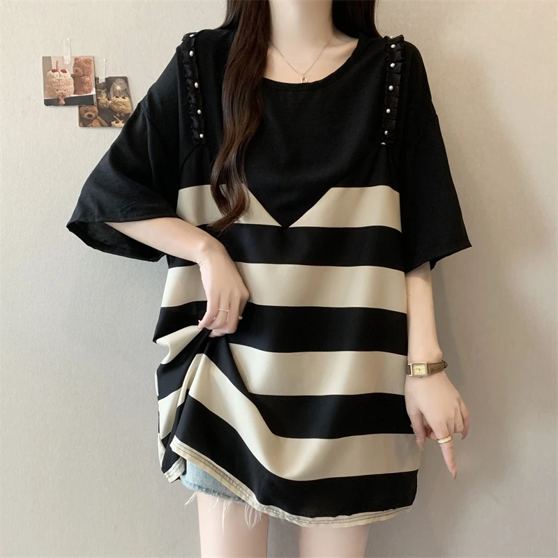 大码假两件雪纺短袖T恤女夏季新款胖MM宽松显瘦宽松百搭气质上衣