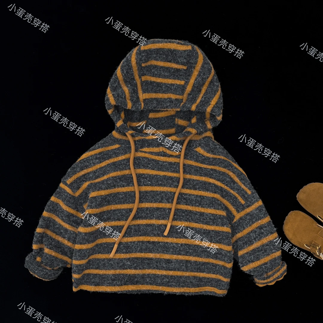 【小蛋壳】儿童秋季新款韩版时尚条纹连帽宽松百搭男童针织套头毛衣