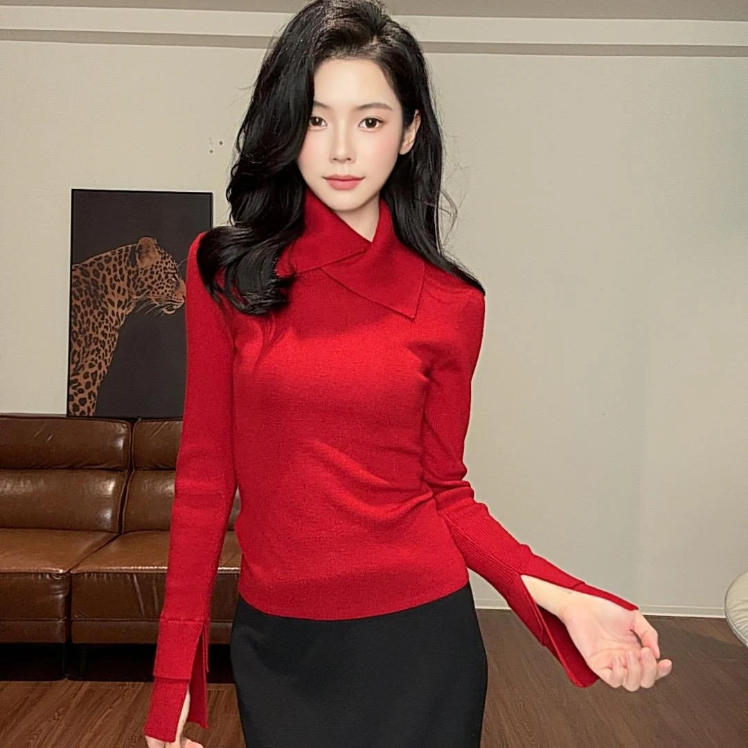 La Chapelle/拉夏贝尔秋冬款打底衫针织红色长袖领袖拼色修身现代