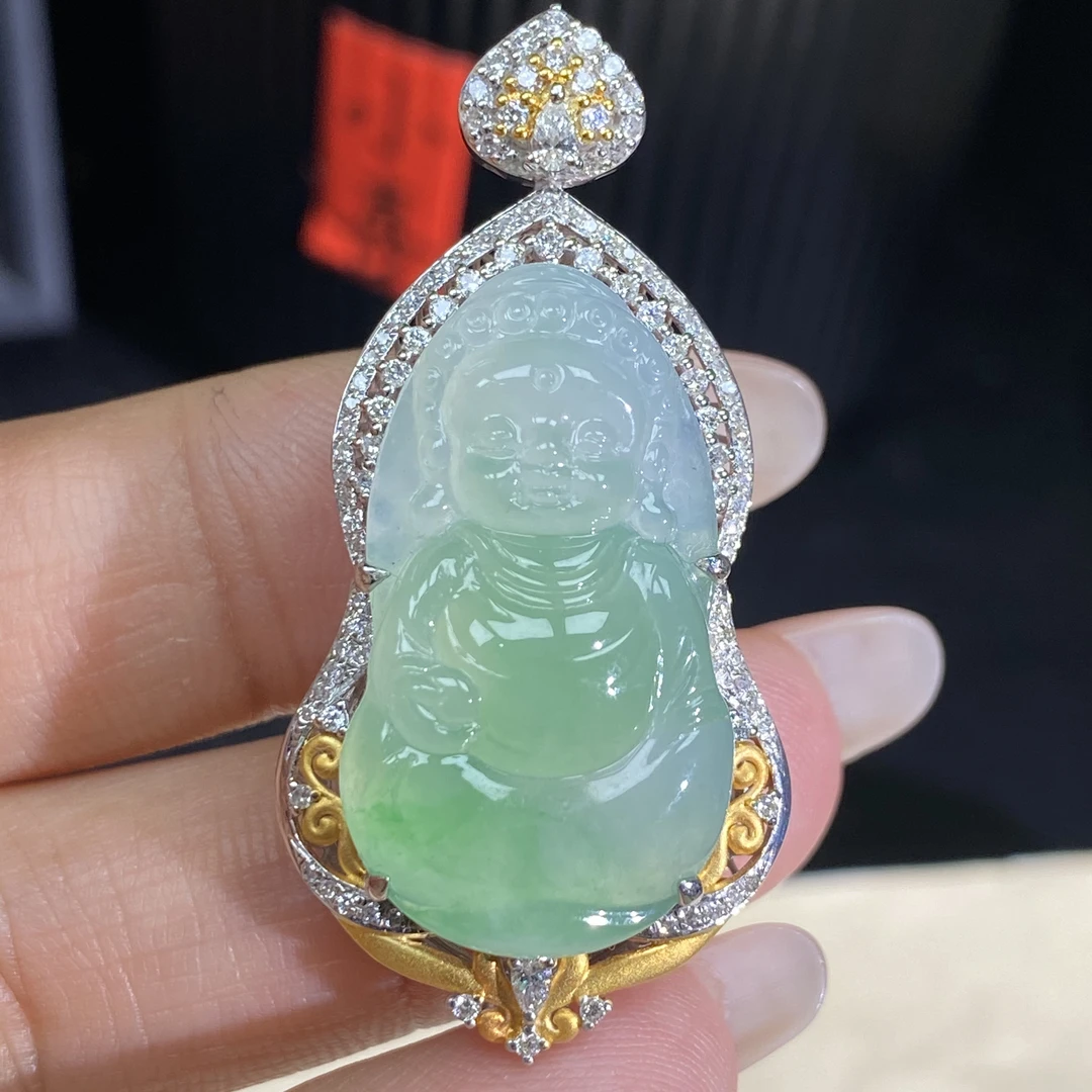 莱韵翡翠18K金镶嵌冰甜绿宝宝佛吊坠 缅甸天然A货翡翠