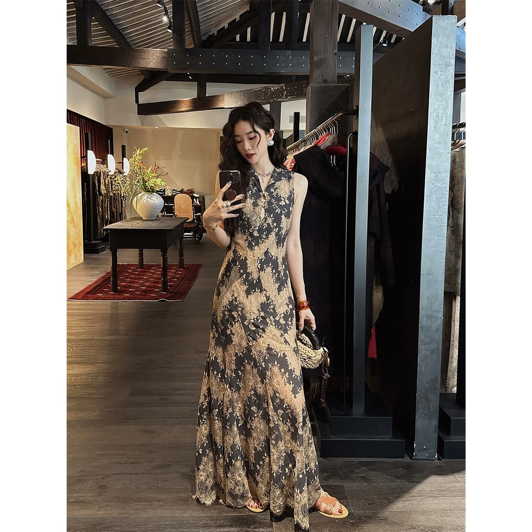 三吉黑花【采莲令】国风新中式连衣裙2025新款旗袍裙子女夏长裙潮