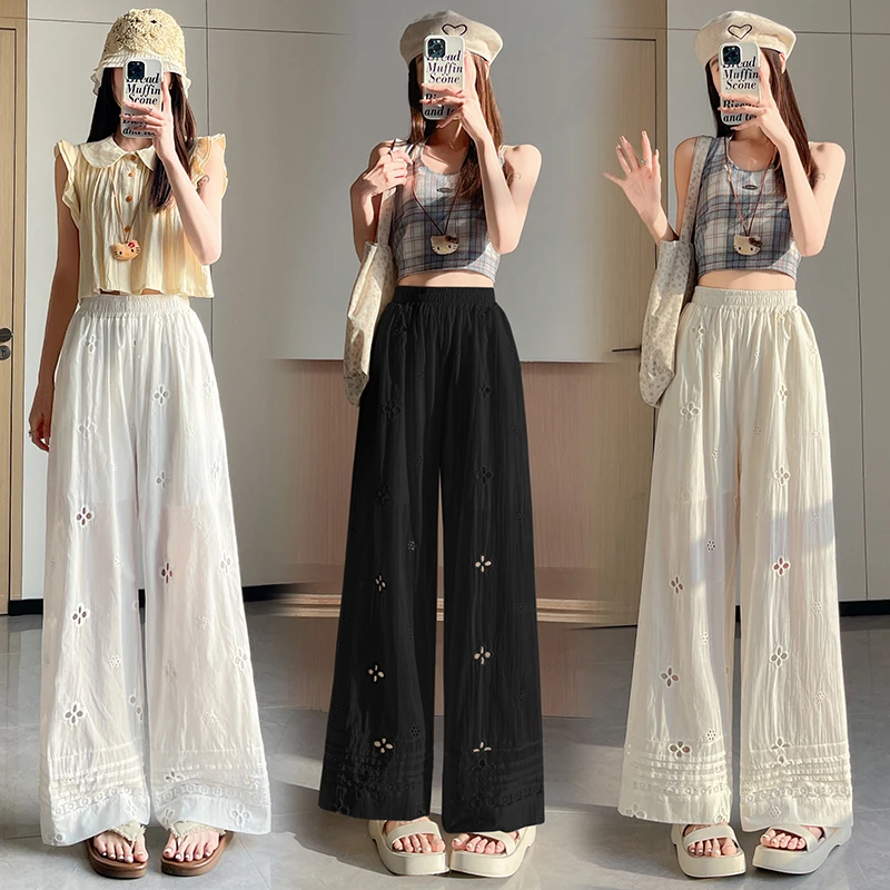 SM刺绣钩花镂空直筒休闲裤阔腿裤女棉质蕾丝拼接直筒多巴胺服装女