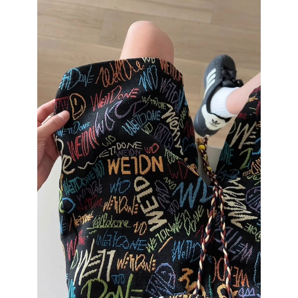 民族风涂鸦满印休闲短裤男夏季美式复古潮牌宽松直筒运动五分裤子