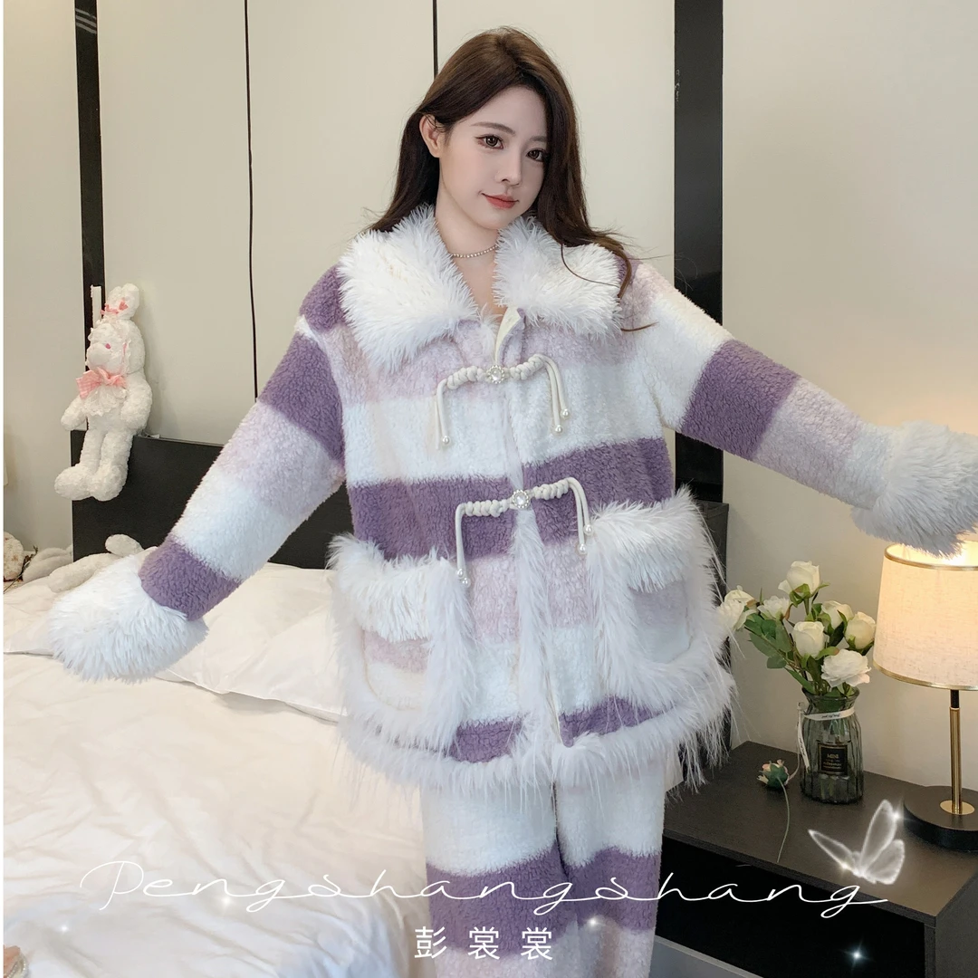 彭裳裳【多肉葡萄】冬装上新女士法兰绒潮流睡衣居家时尚百搭气质