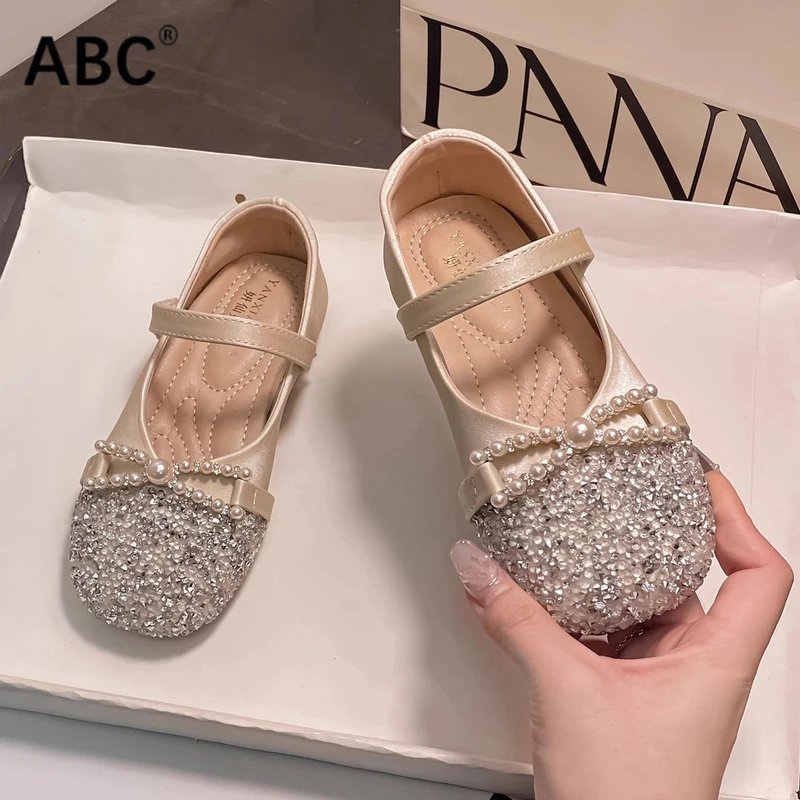 ABC女童公主鞋春秋款蝴蝶结珍珠儿童小女孩洋气小皮鞋宝宝水晶鞋