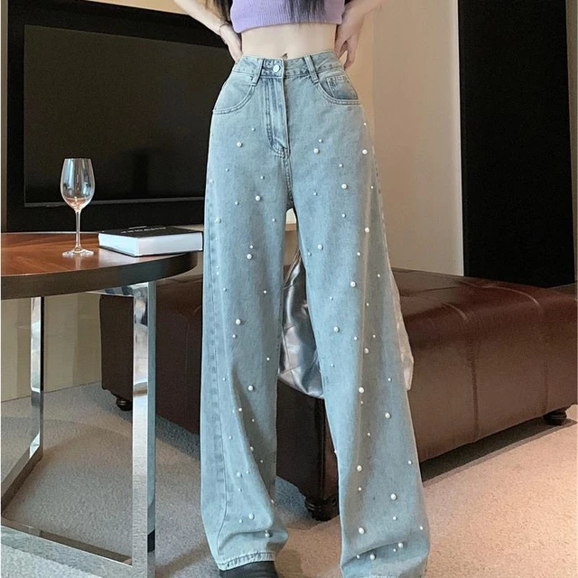 复古重工钉珠珍珠牛仔裤女直筒夏季薄款小众阔脚休闲牛仔裤时髦精