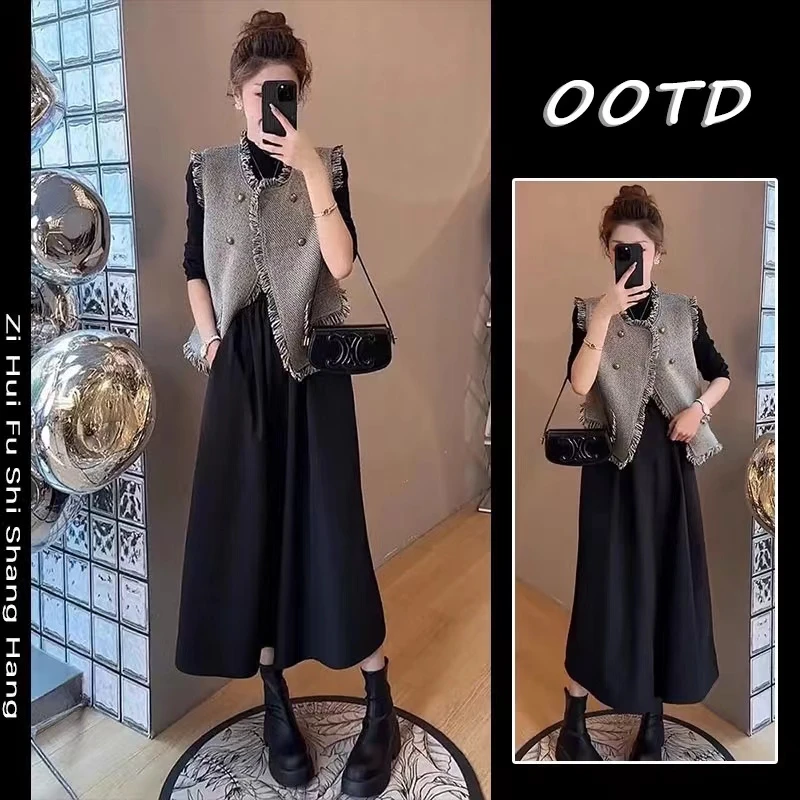 法式高级感~哺乳连衣裙+马甲秋冬季外出辣妈款产后穿喂奶衣服套装