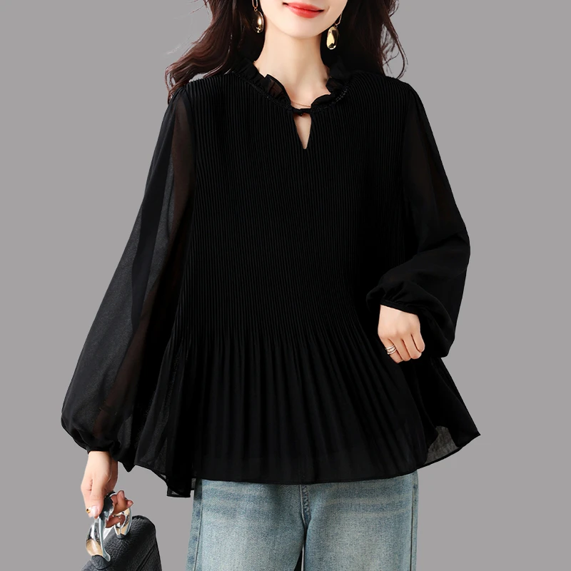立领黑色长袖衬衫女士2025秋季新款时尚减龄宽松大码显瘦雪纺上衣