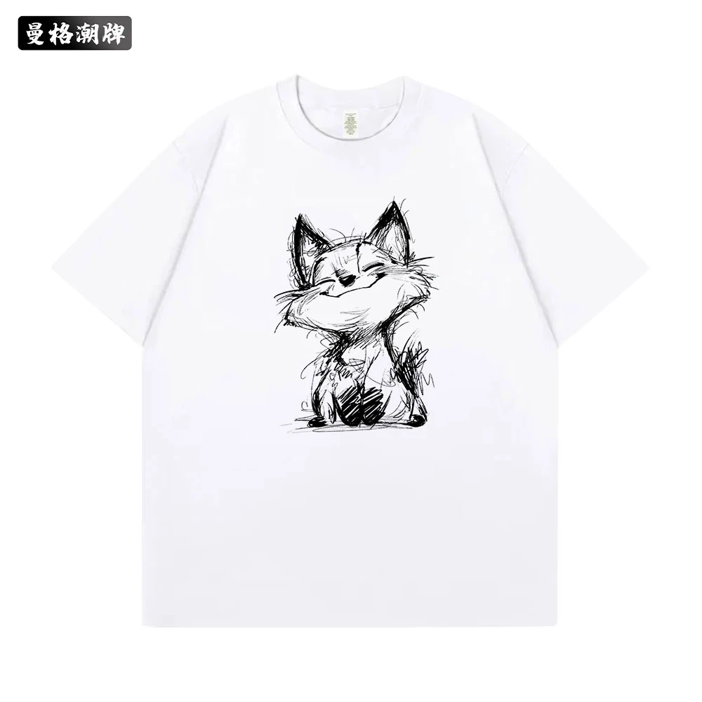2025夏季国潮创意线条狐狸印花男女纯棉重磅短袖宽松休闲百搭T恤