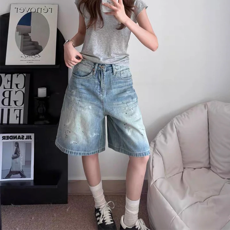 泼墨水洗蓝复古五分牛仔裤女夏季新款宽松休闲复古工装风直筒短裤