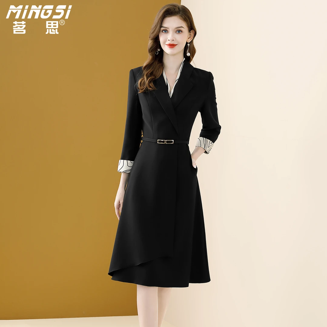 茗思黑色西装连衣裙2025秋季新款气质女装收腰显瘦通勤中长裙子