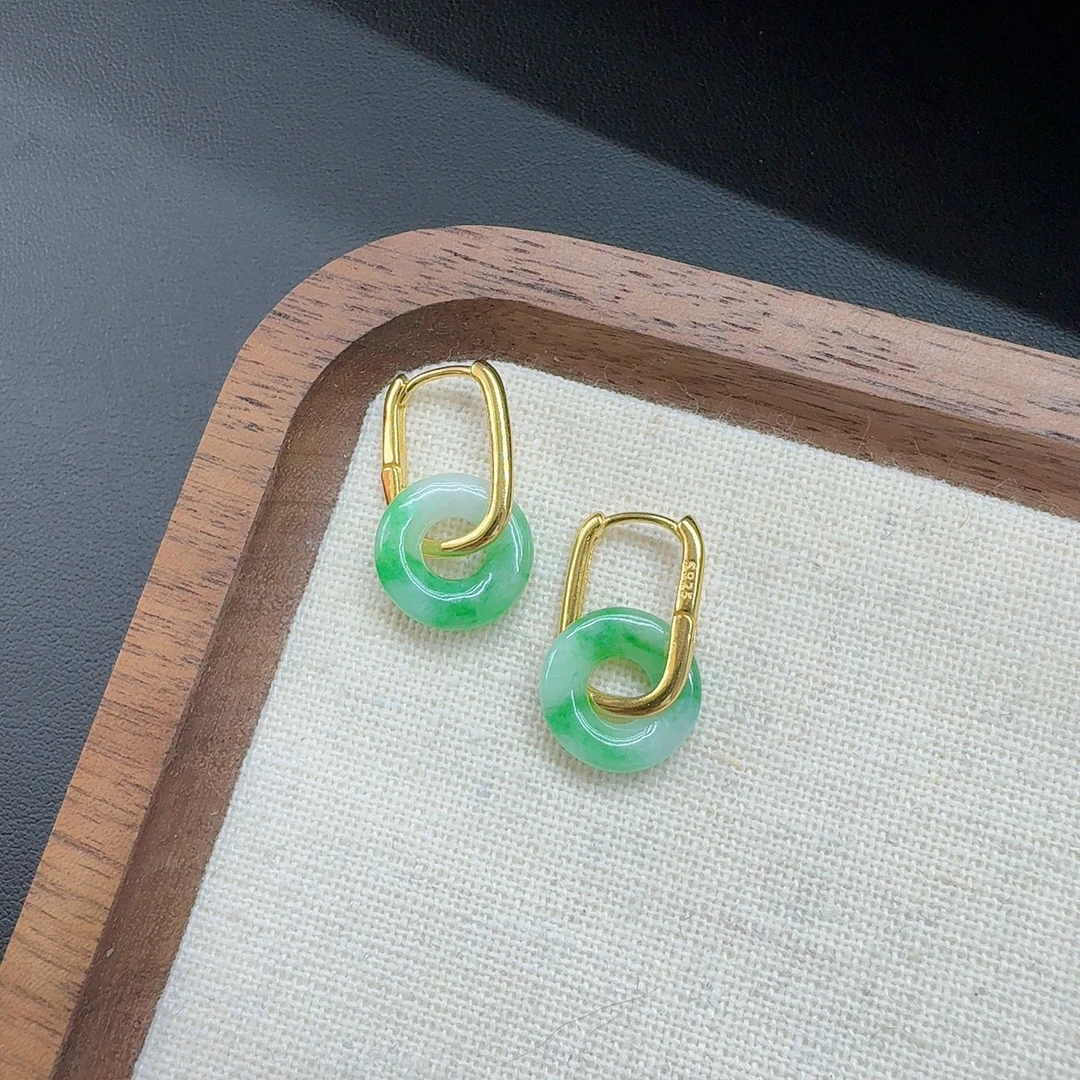 天然翡翠A货甜甜圈耳环阳绿飘花s925银时尚复古耳环耳扣