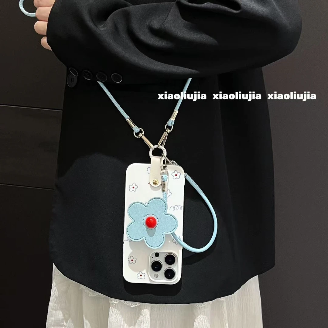 ins少女韩线条花朵皮质支架iPhone15ProMax手机壳14挂绳13苹果16
