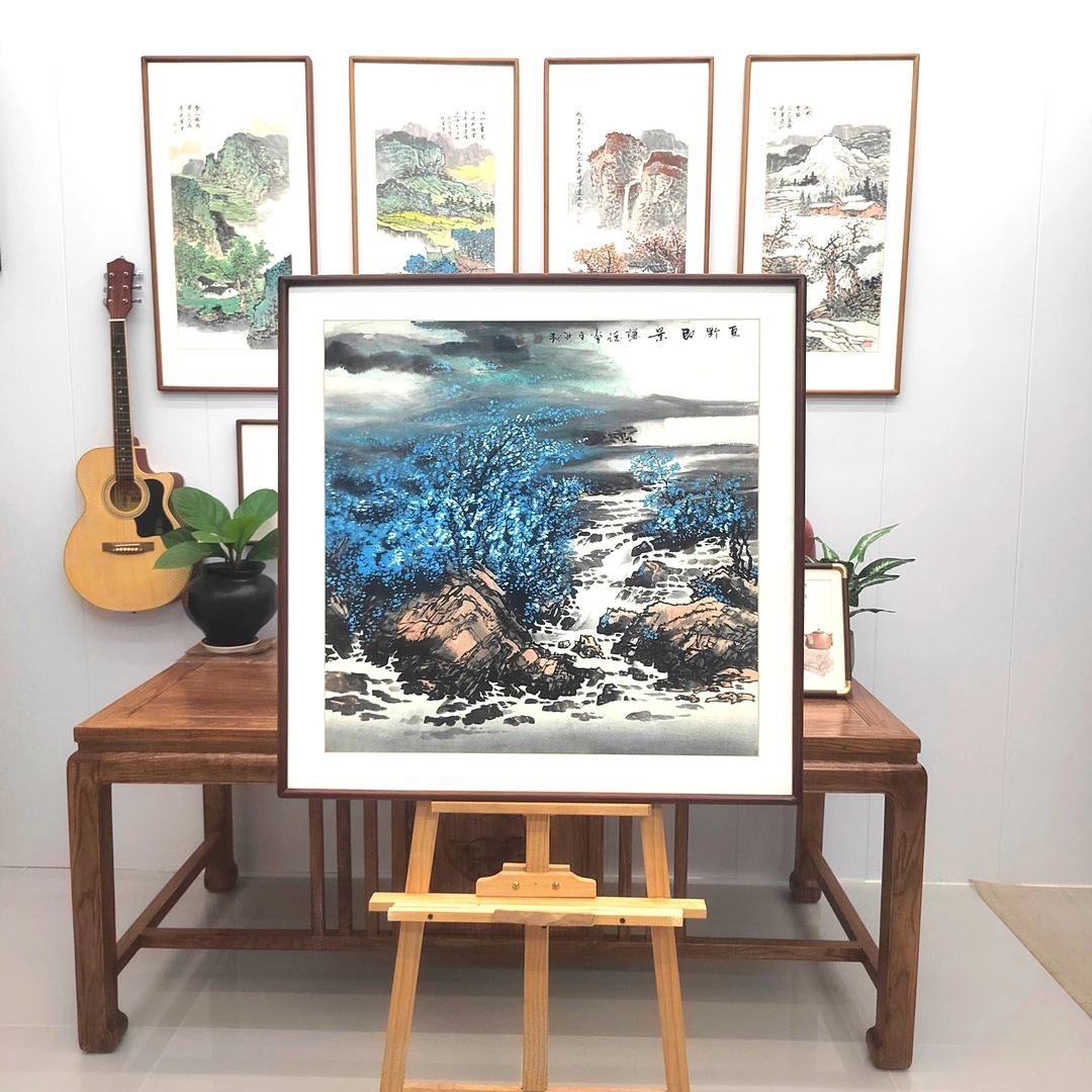 纯手绘国画青绿山水《夏野即景》80*80cm，玄关卧室书房茶室办公室