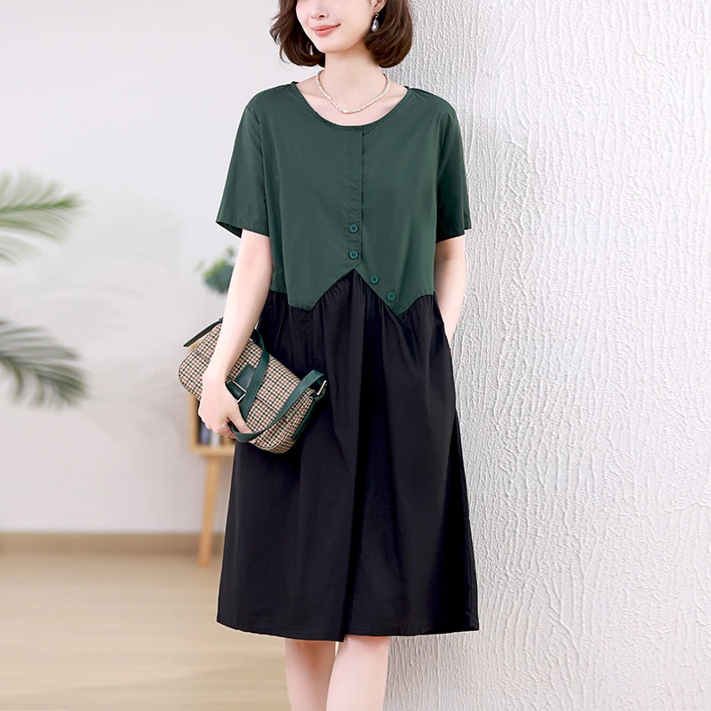 5511拼接连衣裙女2025新款夏季宽松大码显瘦妈妈高端精致气质裙子