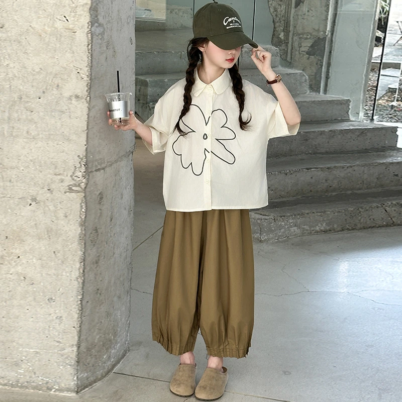 女童衬衫套装夏季2025新款儿童大童女孩休闲裤子韩系穿搭两件套潮