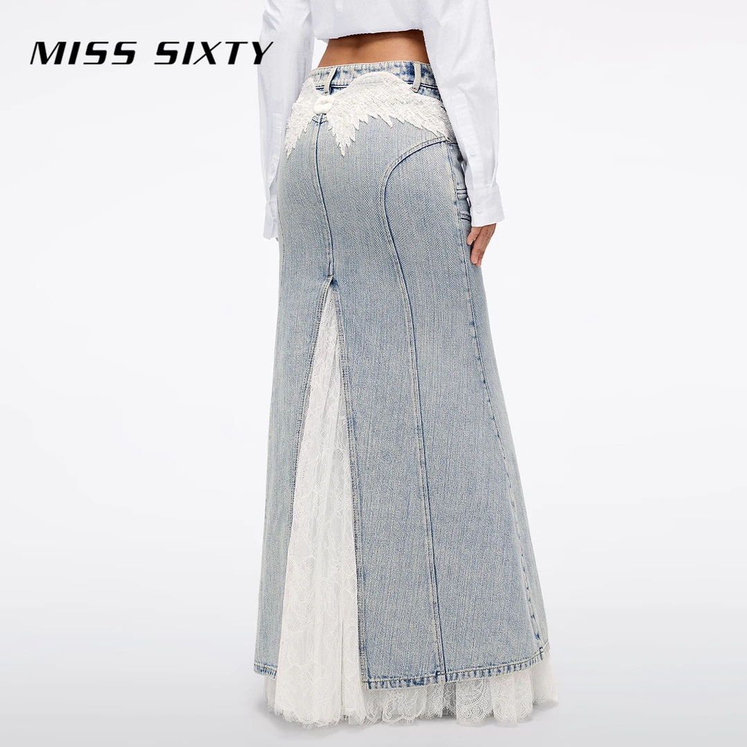 Miss Sixty天使系列2025春季新款牛仔半裙女重工羽翼蕾丝拼接长裙