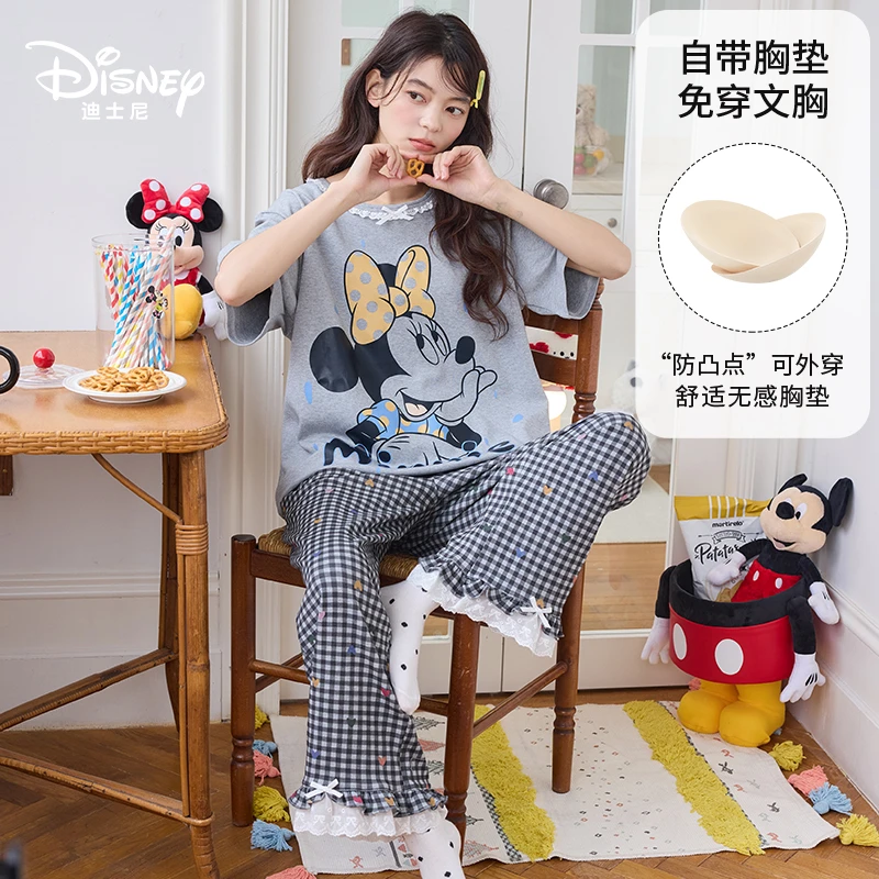 Disney迪士尼春夏圆领短袖长裤纯棉带胸垫学生外穿舒适家居服0294