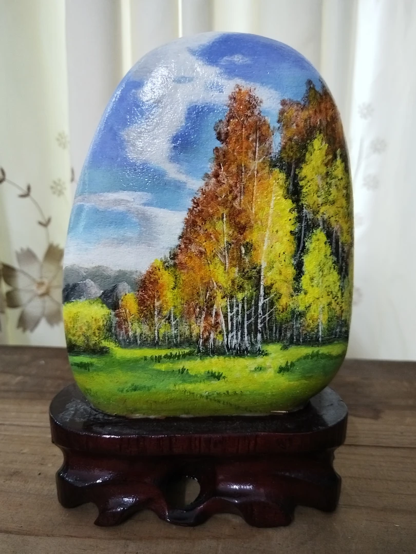 纯手绘石头画红枫林秋韵