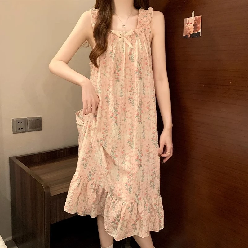 吊带睡裙女士夏季薄款泡泡棉甜美花朵连衣裙中长款夏天背心家居服