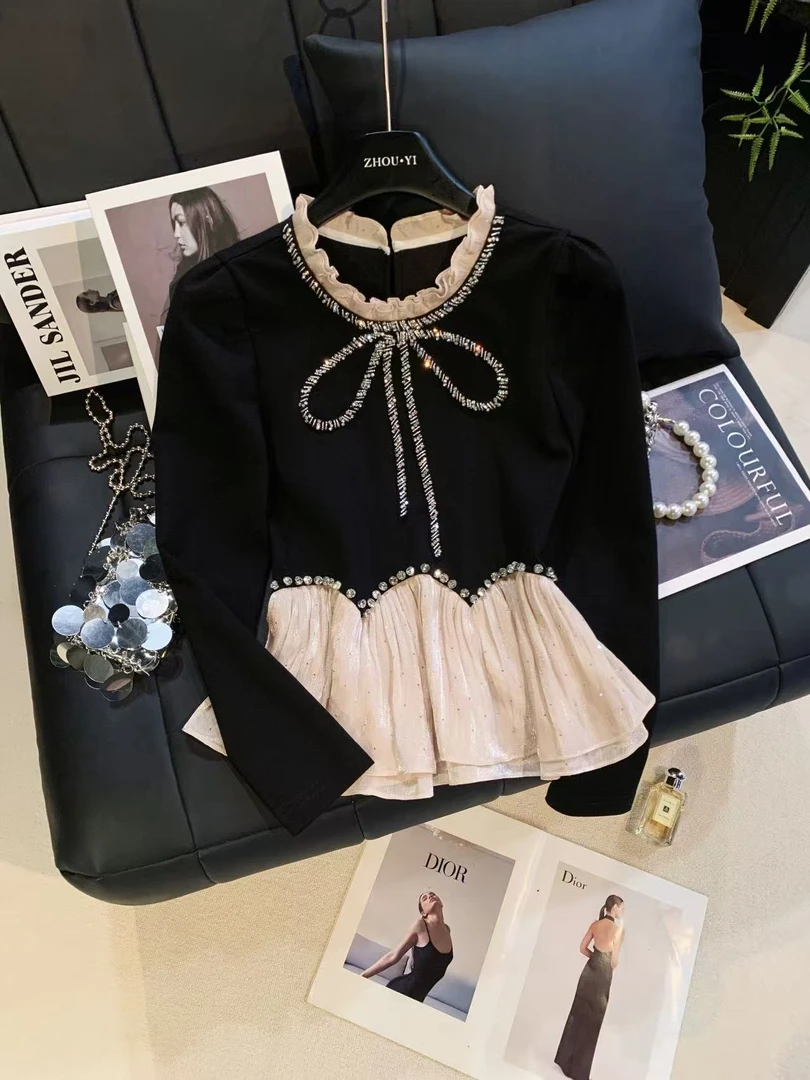 ZHOUYI/周一 2025秋冬圆领黑色长袖时尚闪光蝴蝶结百搭针织上衣女