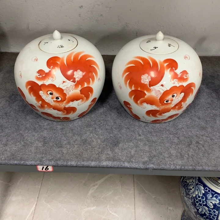 段***）陶瓷狮子西瓜罐一对