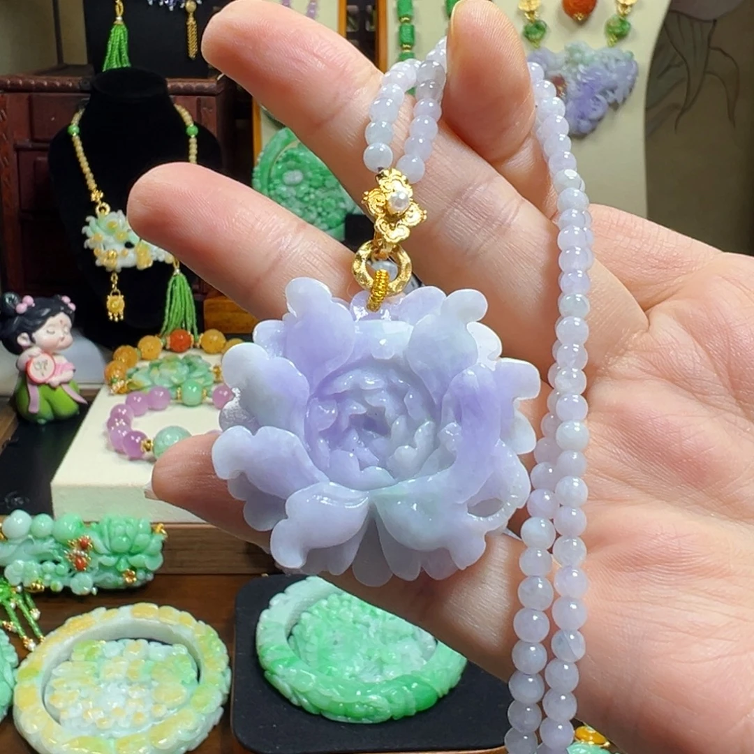翡翠未镶嵌毛衣链紫牡丹