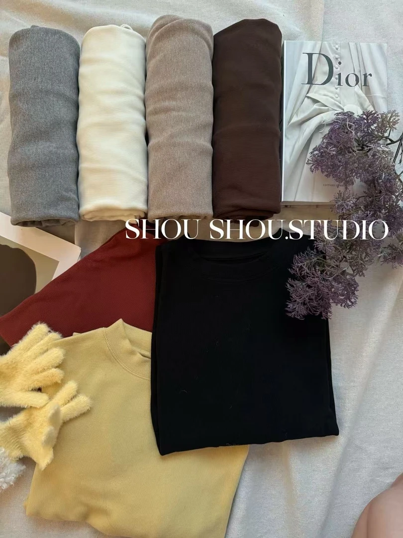 【瘦瘦】大码小立领慕斯绒显瘦百搭内搭长袖打底衫S02084