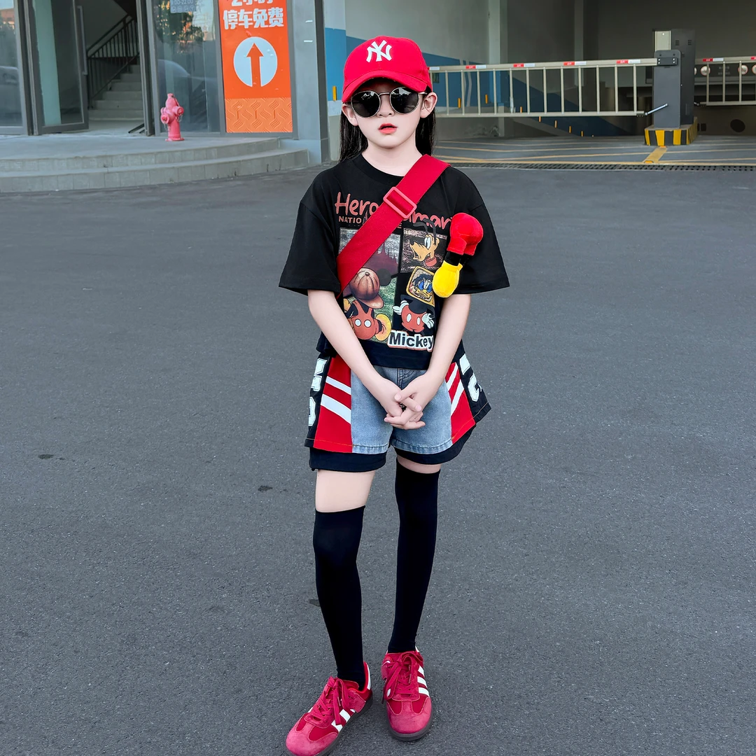 女童夏季2025新款嘻哈休闲时尚洋气酷飒风宽松T恤短袖短裤套装潮