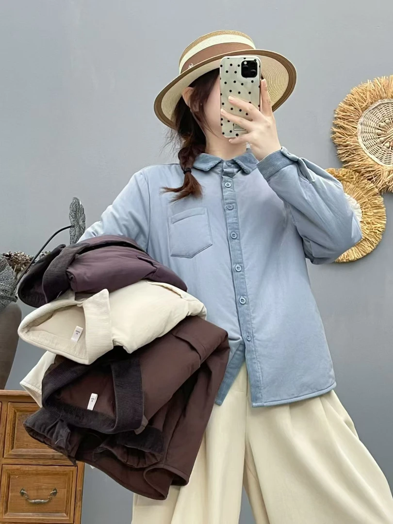 长袖翻领加棉厚款女保暖衬衫拼接棉服百搭韩版宽松打底86512