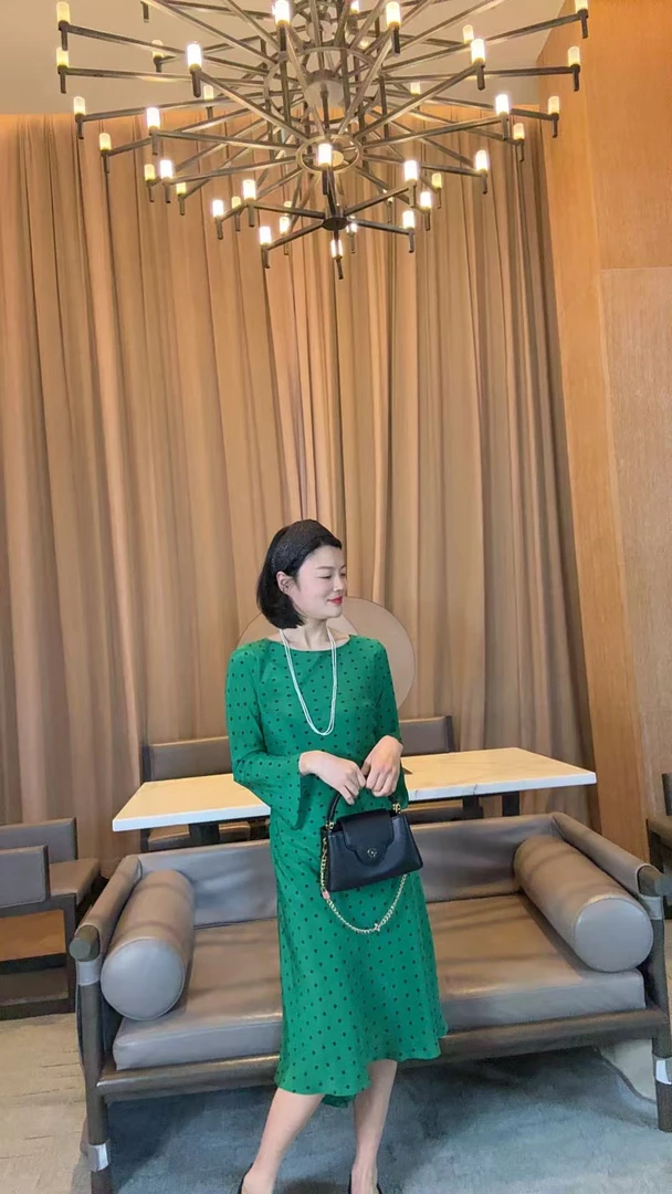 TANTAN   真丝100 气质绿色波点连衣裙1851